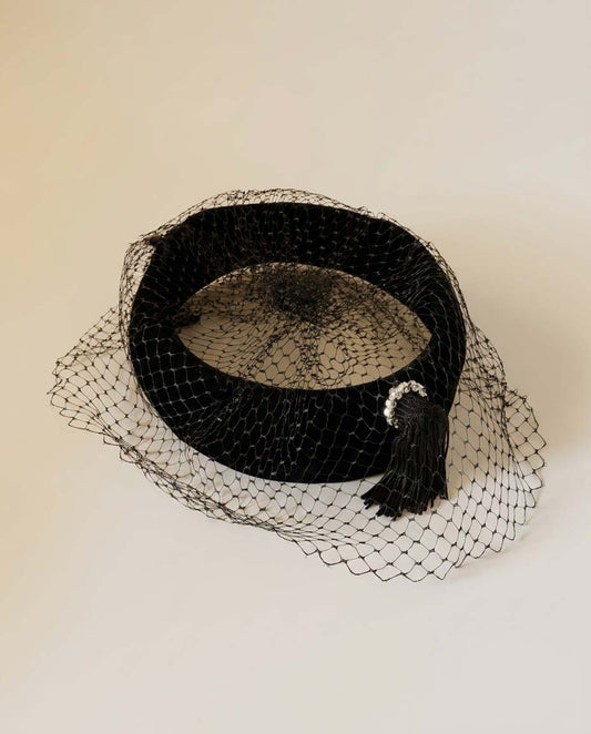Vintage Black Velvet Halo Hat | Veiled Cocktail Hat | Rhinestone Tassel Fascinator | 1950s Mourning Hat | Vintage Millinery