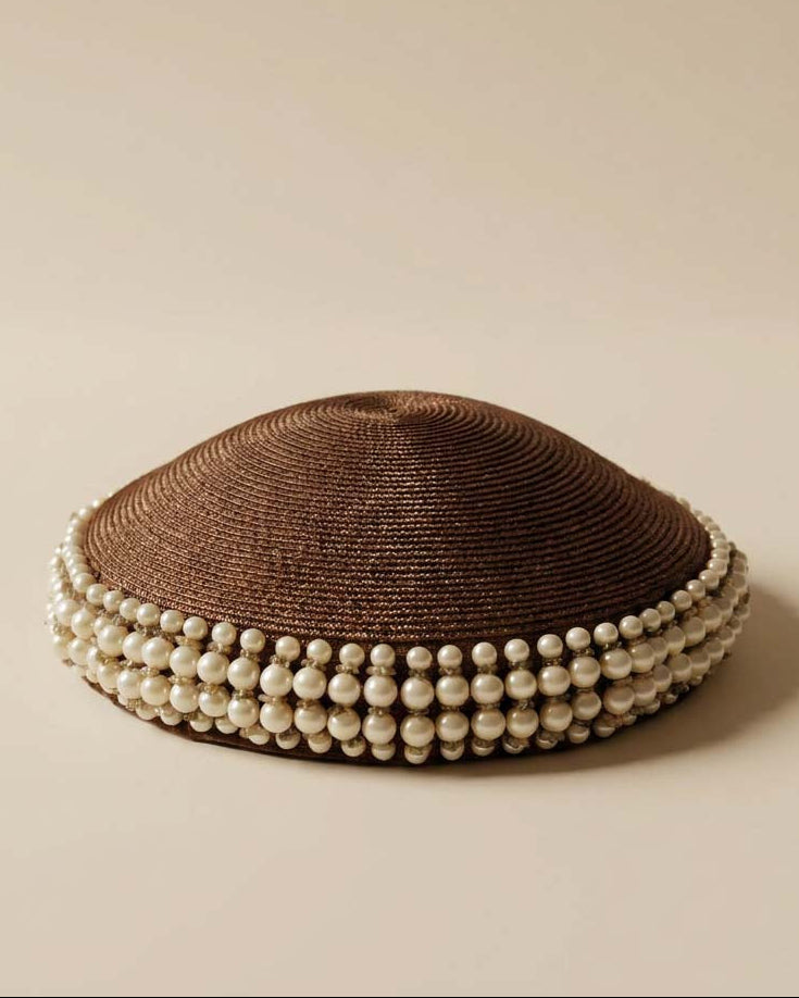 Vintage Brown Pearl Pillbox Hat | 1960s Beaded Halo Hat | Faux Pearl Trim Cocktail Hat | Jackie Kennedy Style Millinery | Elegant Occasion Hat
