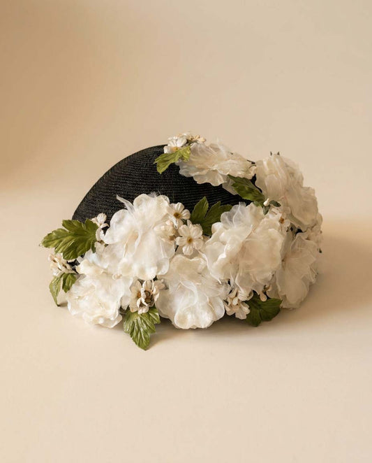 Vintage Black Floral Crown Hat | 1950s Flower Hat | Garden Party Fascinator | Bridal Floral Headpiece | Cottagecore Millinery