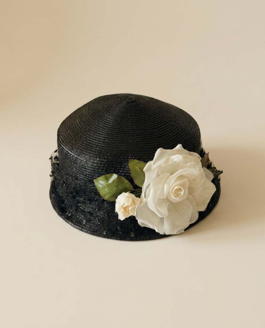 Vintage Black Straw Floral Hat | White Rose Cocktail Hat | 1950s Floral Cloche | Garden Party Hat | Wedding Guest Millinery