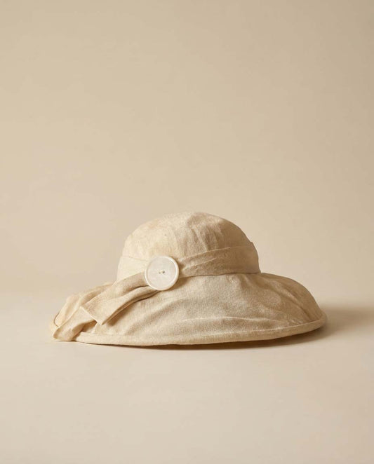 Vintage Ivory Linen Sun Hat | Wide Brim Summer Hat with Button Accent | 1960s Cream Linen Garden Party Hat | Resort Wear Millinery | Cottagecore Wedding Hat