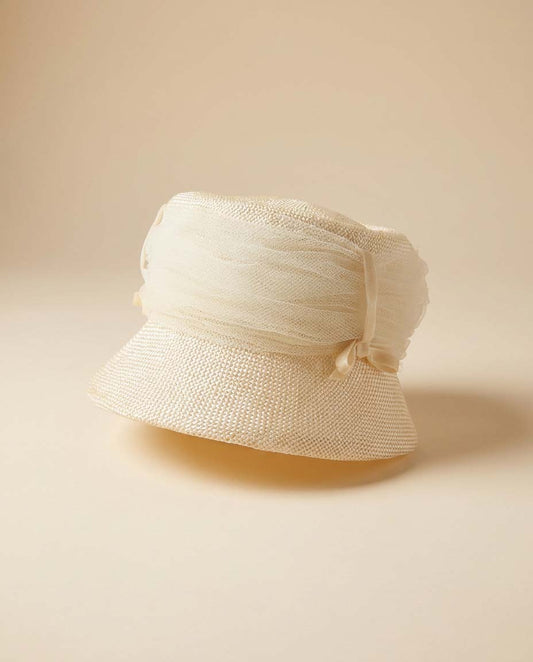 Vintage Jane Morgan New York Straw Hat | Ivory Bucket Hat with Tulle Veil | 1960s Summer Hat | Bridal Garden Party Hat | Elegant Mid Century Millinery