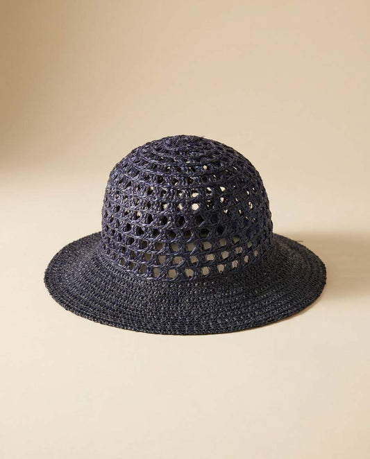 Vintage Navy Blue Open Weave Straw Sun Hat | 1970s Raffia Summer Hat | Lightweight Resort Wear Hat | Coastal Vacation Style