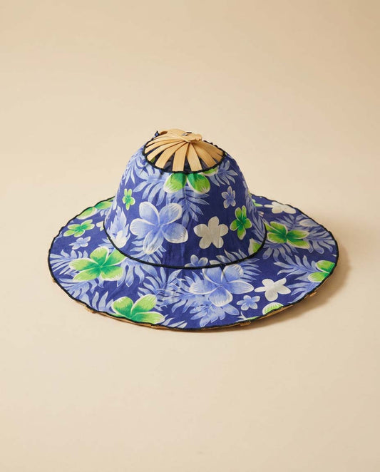 Vintage Hawaiian Folding Sun Hat | Blue Floral Bamboo Hat | Tropical Beach Hat | Packable Travel Hat | Resort Wear Accessory