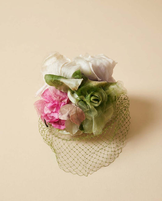 1940s Floral Cocktail Hat | Pink Rose Fascinator | Green Floral Veiled Hat | Vintage Garden Party Hat | Spring Wedding Headpiece