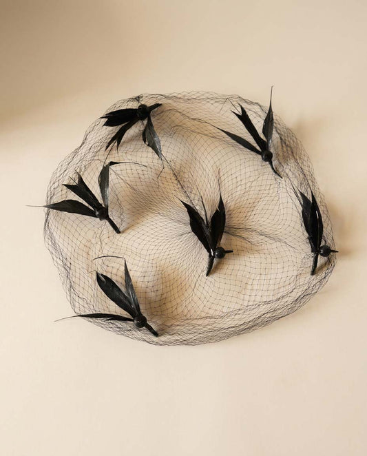 Vintage Black Birdcage Veil Fascinator, Gothic Feather Cocktail Hat, Pillbox Topper, Beret Accent, Alternative Bridal Headpiece