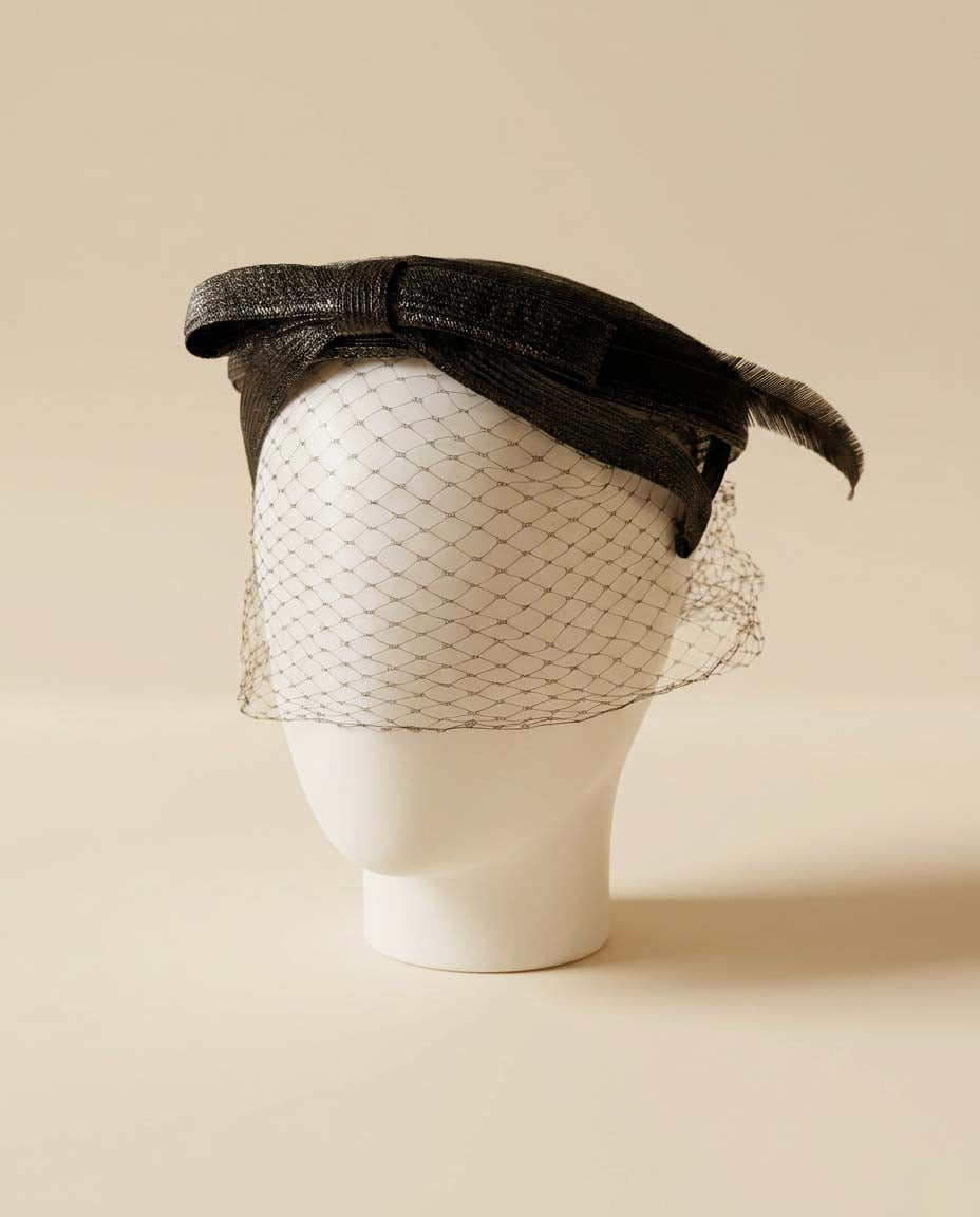 Vintage Black Veiled Hat | Feather Accent Tilt Hat | Sculptural Bow Hat | 1950s Tilt Hat | Birdcage Veil Millinery