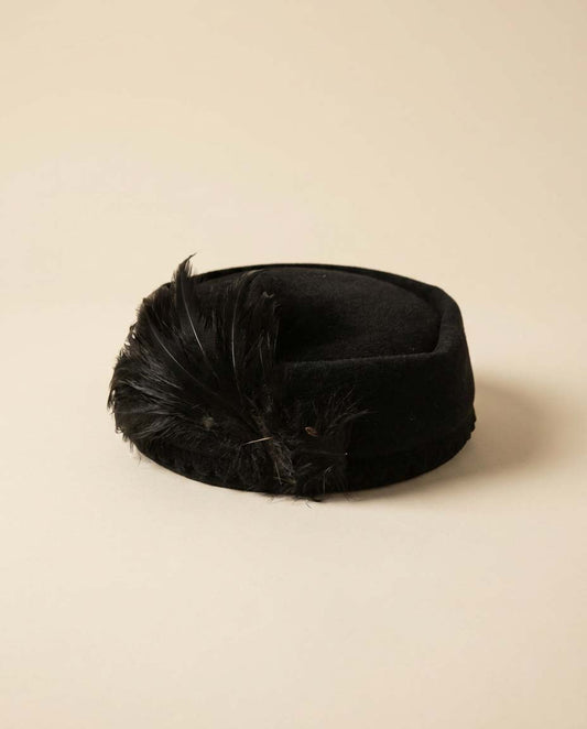 Vintage Black Velvet Pillbox Hat | Feather Cocktail Hat | 1950s Fascinator | Classic Millinery | Elegant Formal Hat