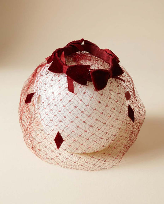 Vintage Burgundy Velvet Bow Birdcage Veil Fascinator | 1950s Inspired Veiled Cocktail Hat | Holiday Party Headpiece | Editorial Bridal Veil