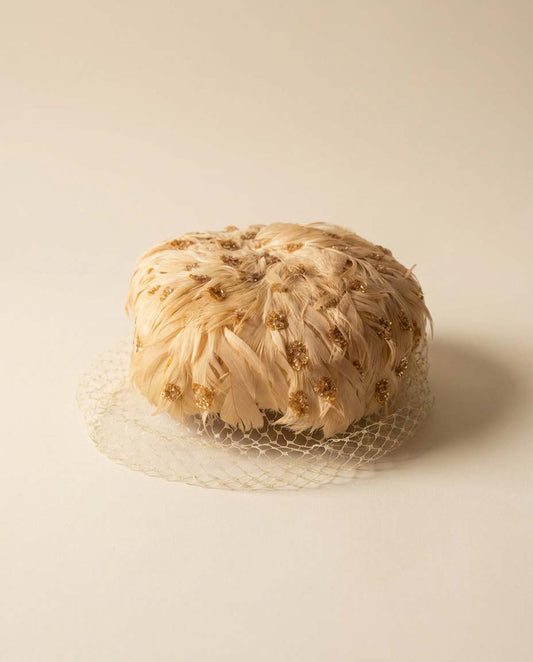 Miss Sally Victor Feather Hat | Blush Pink Feather Cocktail Hat | Gold Glittery Veiled Fascinator | Vintage Bridal Hat | Couture Millinery