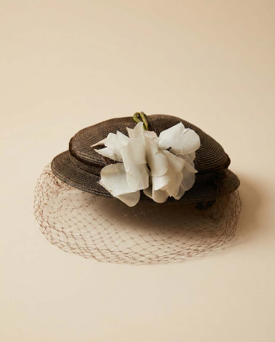 Vintage Evelyn Varon Modes Veiled Pillbox Hat, Brown Straw Cocktail Hat, White Floral Fascinator, 1960s Designer Millinery, Wedding Guest Hat