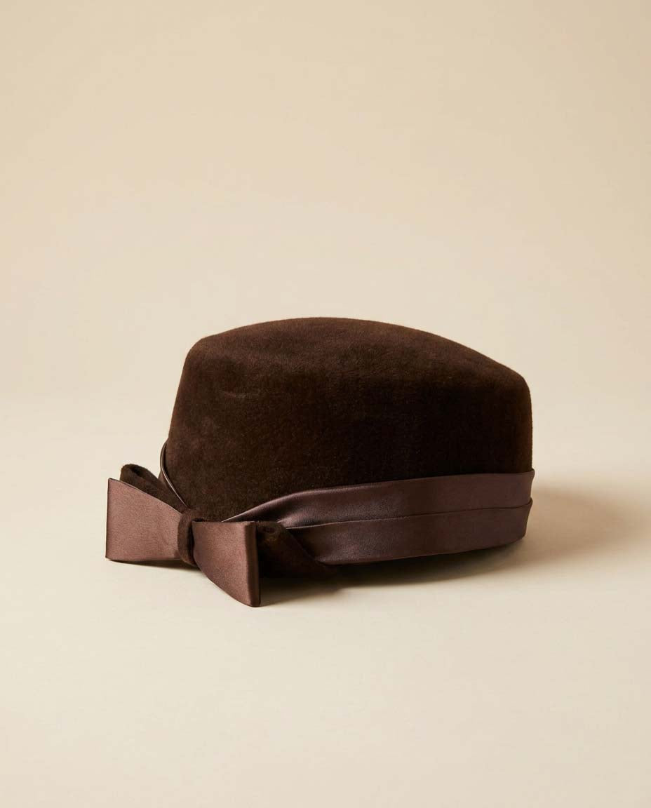 Vintage Dayton's Genuine Velour Pillbox Hat, Brown Fur Felt Hat, Satin Bow Cocktail Hat, 1960s Designer Millinery, Mad Men Style