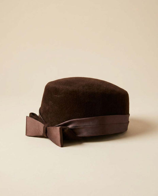 Vintage Dayton's Genuine Velour Pillbox Hat, Brown Fur Felt Hat, Satin Bow Cocktail Hat, 1960s Designer Millinery, Mad Men Style