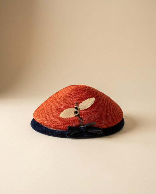 Vintage Red Straw Pillbox Hat, Navy Velvet Trim Hat, Novelty Bee Hat, 1960s Cocktail Hat, Mid Century Millinery