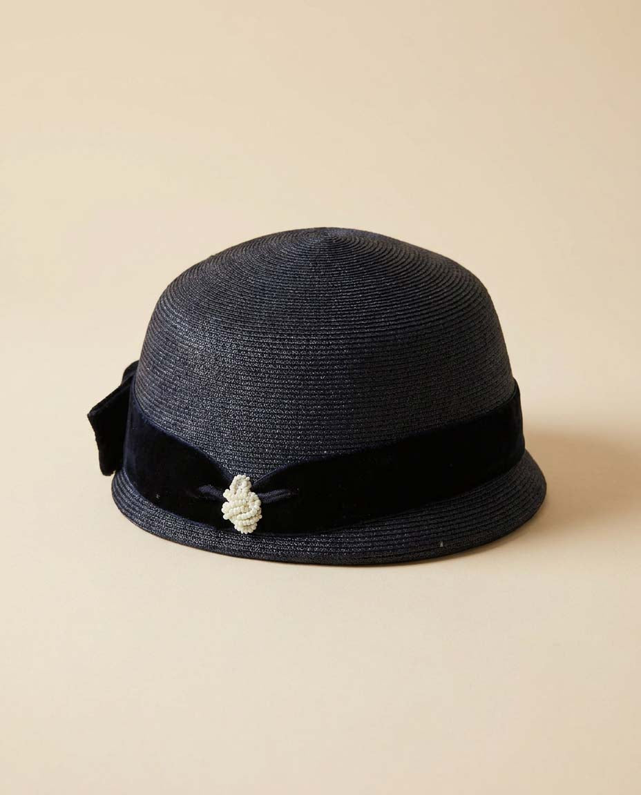 Vintage Navy Blue Cloche Hat, 1960s Straw Hat, Navy Velvet Trim Hat, Mid Century Cocktail Hat, Church Hat, Classic Ladies Millinery