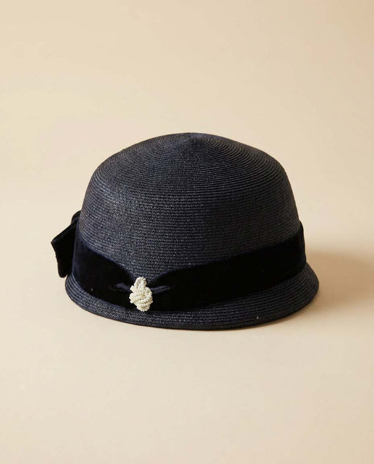 Vintage Navy Blue Cloche Hat, 1960s Straw Hat, Navy Velvet Trim Hat, Mid Century Cocktail Hat, Church Hat, Classic Ladies Millinery