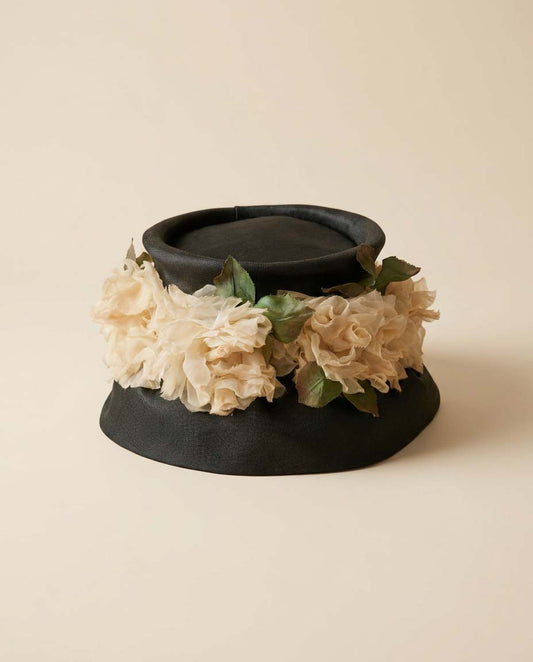 Vintage Black Floral Cartwheel Hat, Wide Brim Picture Hat, Garden Party Hat, Floral Statement Hat, Kentucky Derby Hat, Romantic Vintage Millinery