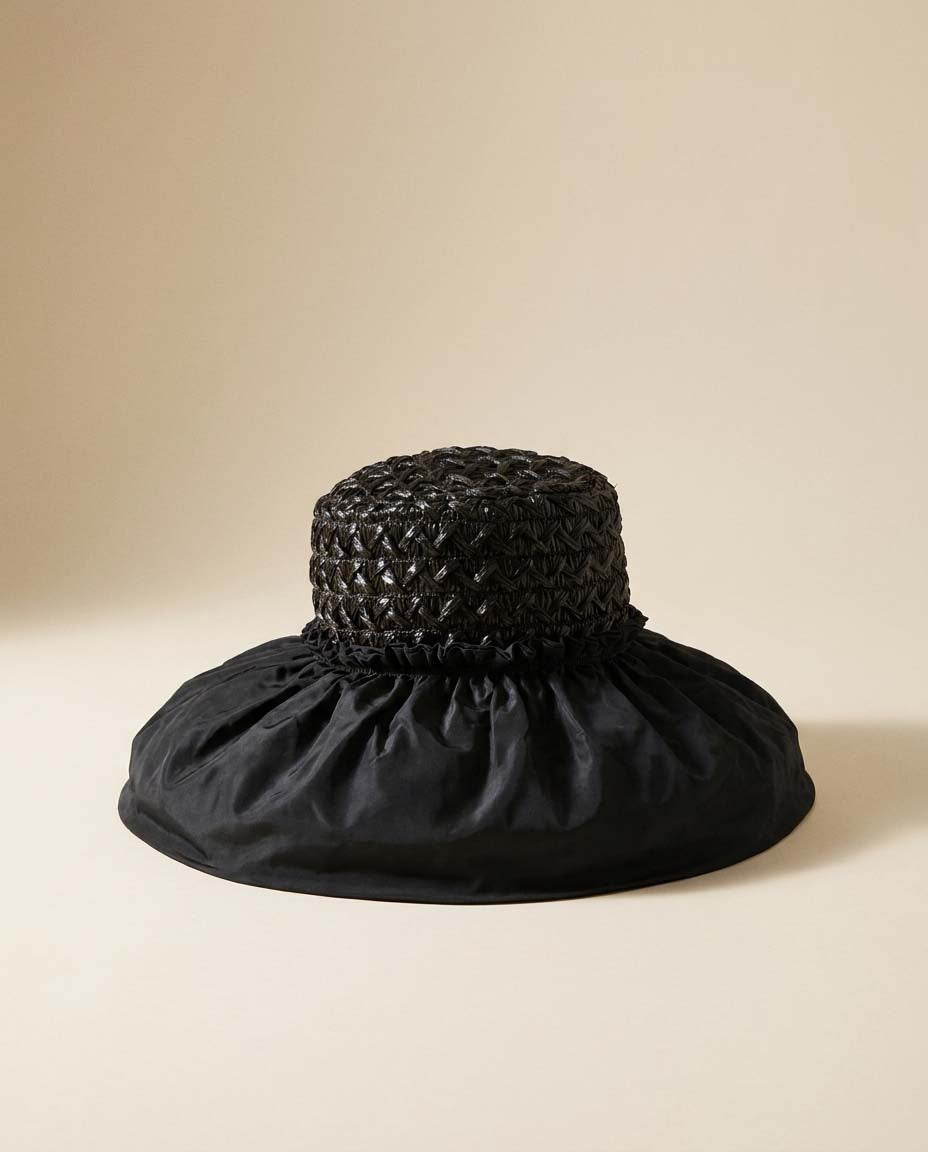 Vintage Black Raffia Crown Hat, Wide Satin Brim Hat, Dramatic Statement Hat, Avant Garde Millinery, Kentucky Derby Hat, Audrey Hepburn Fashion Hat