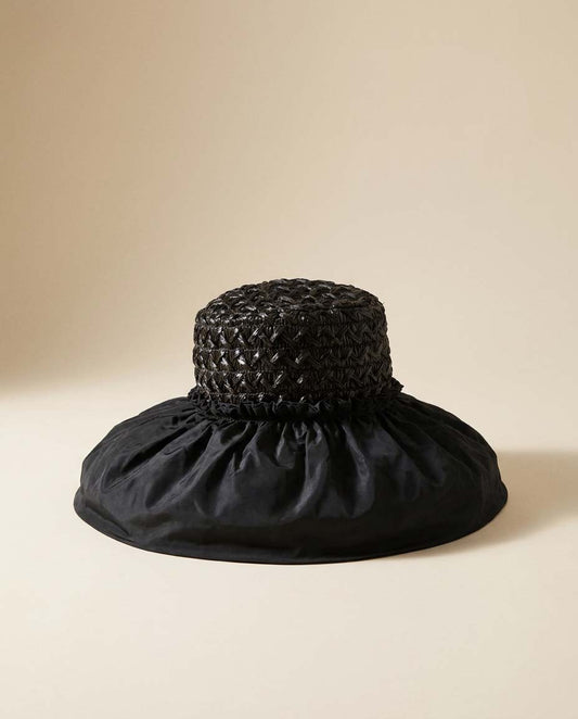 Vintage Black Raffia Crown Hat, Wide Satin Brim Hat, Dramatic Statement Hat, Avant Garde Millinery, Kentucky Derby Hat, Audrey Hepburn Fashion Hat