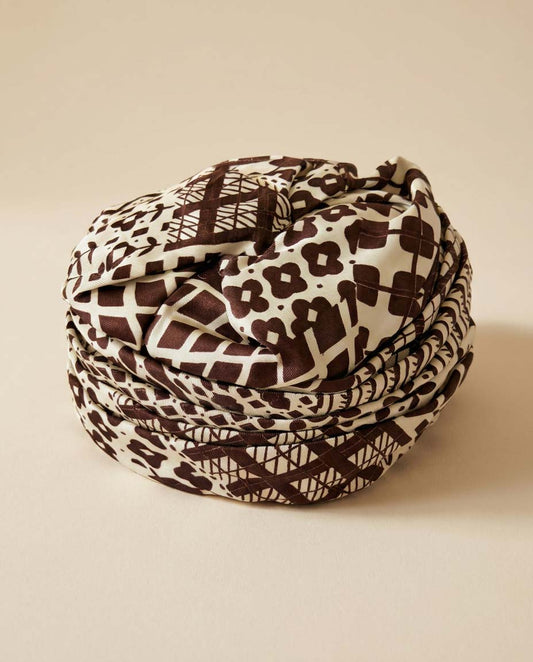 Vintage Gage Turban Hat, Brown and Cream Print Turban, Mod Turban Hat, 1960s Turban, Retro Headwrap Hat, Vintage Fashion Hat