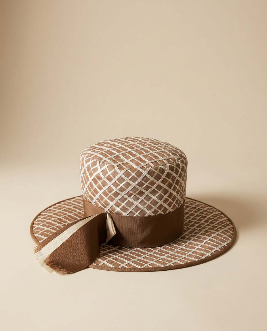 Vintage Mr. John Jr Hat, Taupe Grid Wide Brim Hat, 1960s Designer Hat, Mod Derby Hat, Structured Occasion Hat, Vintage Millinery