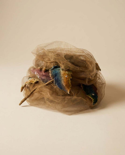 Vintage Crescent Spokane Veiled Fascinator Hat, Brown Tulle Cocktail Hat, Velvet Leaf Fascinator, 1950s Woodland Veil Hat, Rhinestone Millinery
