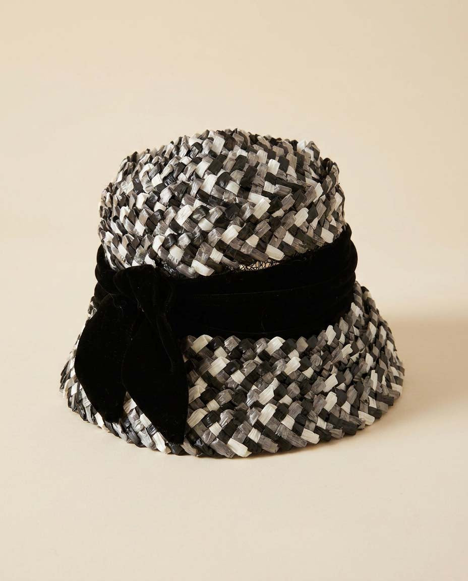 Vintage Roberta Bernays Black & White Raffia Hat | 1960s Mod Cloche Bucket Hat | Velvet Ribbon Bow Hat | Kentucky Derby Hat
