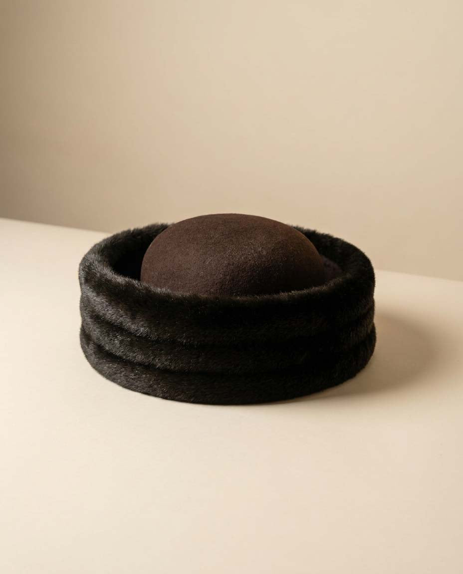 Vintage Mr. John Classic Fur Felt Hat | Brown Faux Mink Hat | 1960s Designer Millinery | Mod Winter Hat | Luxury Vintage Fur Trim Hat