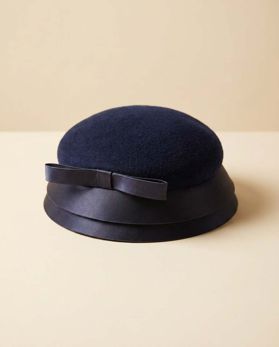 Vintage Navy Blue Breton Hat | 1960s Wool Felt Cloche Cap | Satin Brim Hat | Mod Cocktail Hat | Classic Millinery