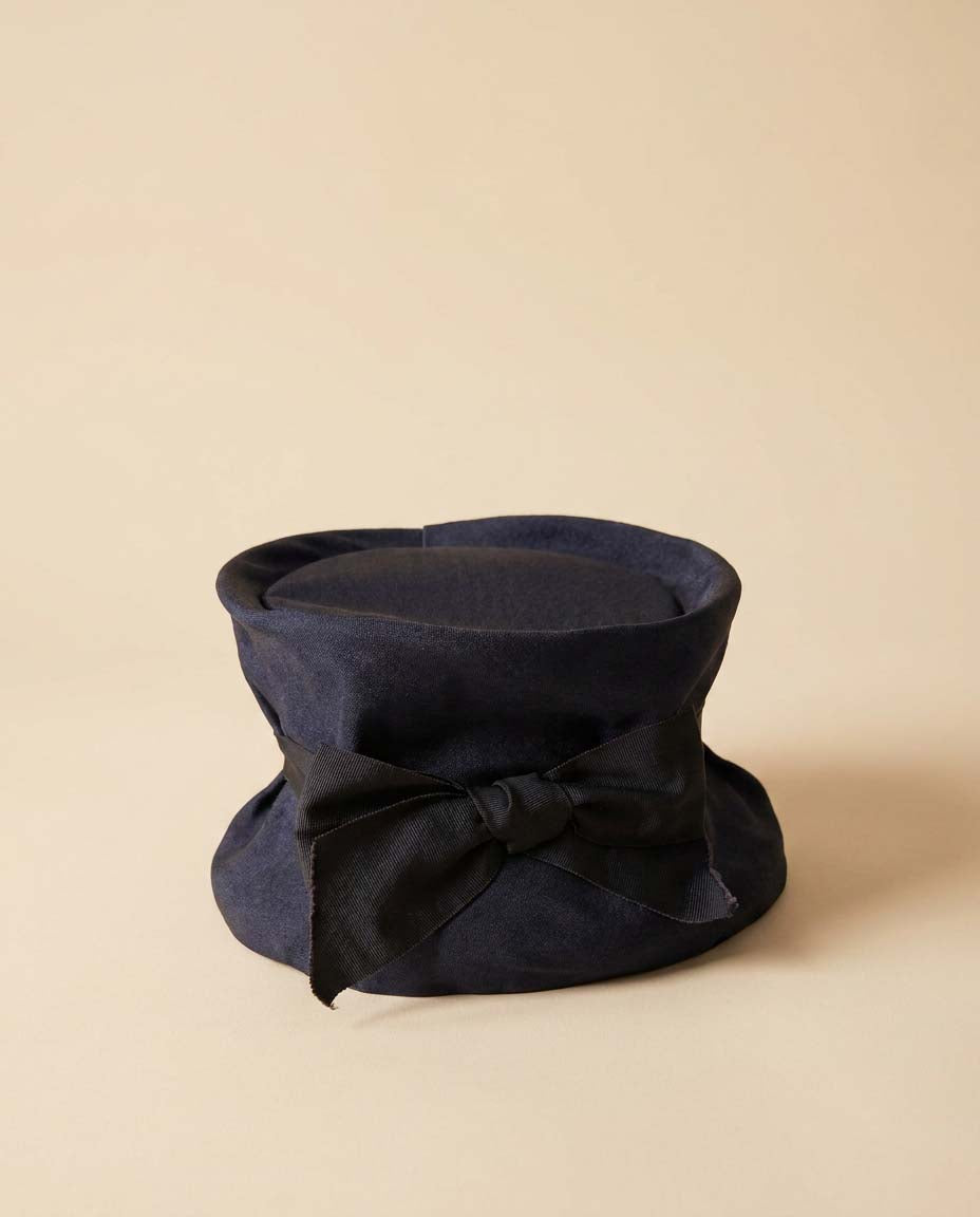Vintage Navy Blue Bucket Hat | 1960s Mod Hat | Satin Cloche Style Hat | Navy Bow Hat | Elegant Church Hat | Jackie O Inspired Vintage Millinery
