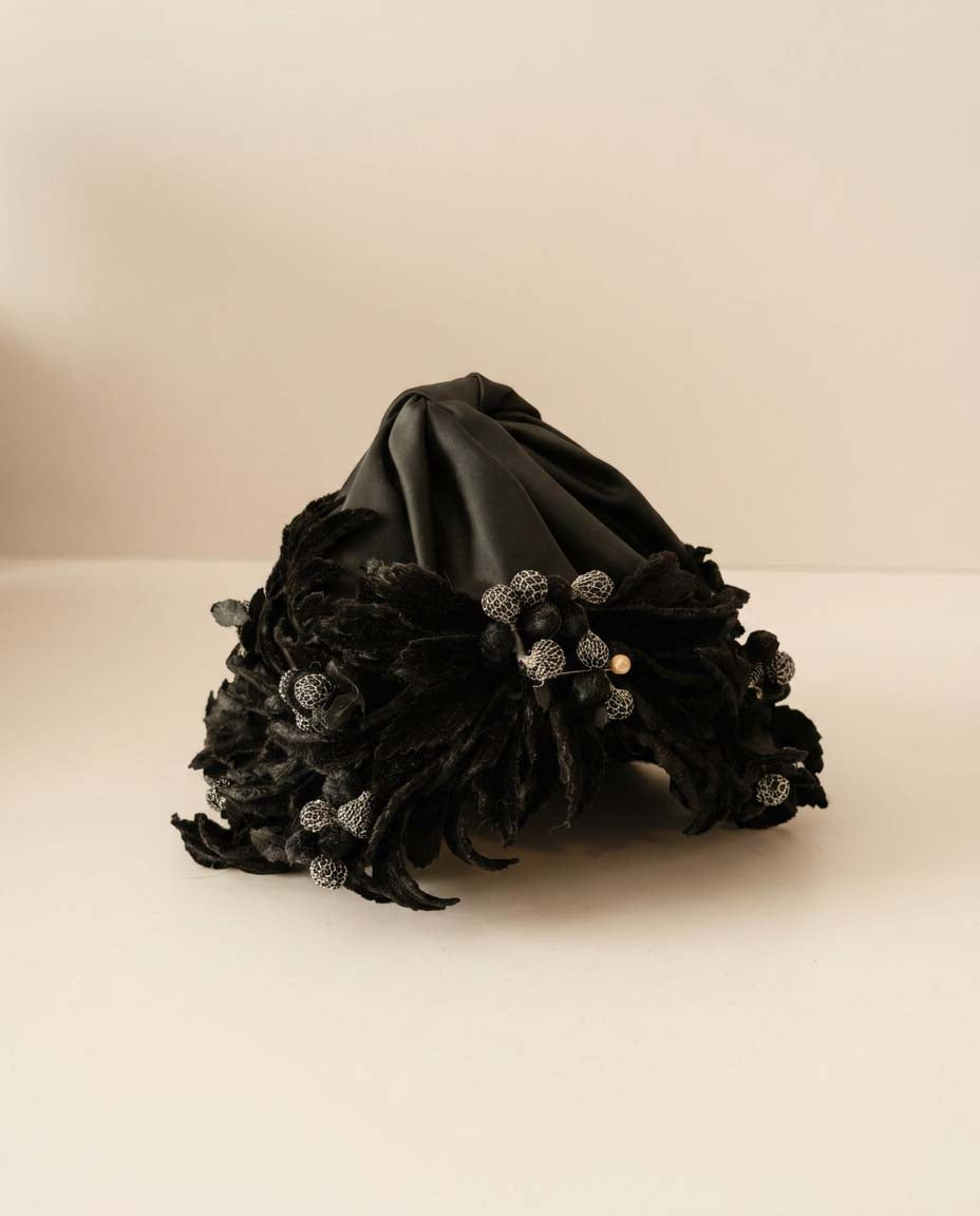 Vintage Black Satin Floral Cocktail Hat | 1950s Floral Toque Hat | Black Velvet Leaf Hat | Evening Cocktail Hat | Hollywood Glamour Millinery