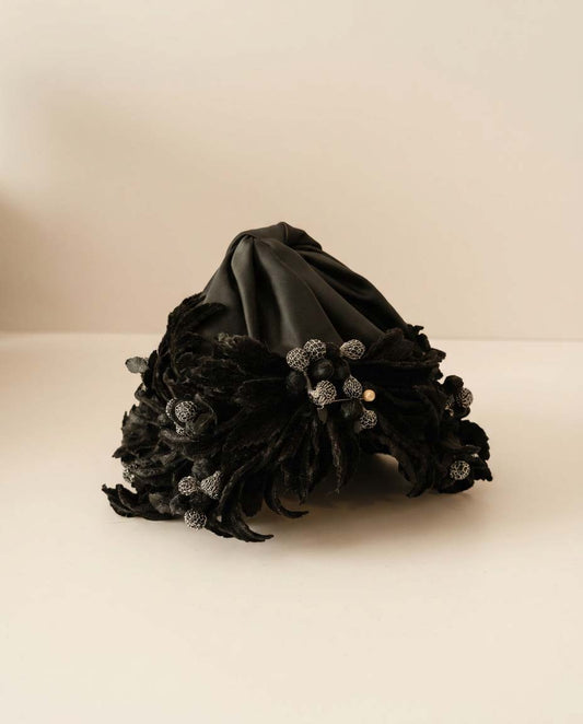 Vintage Black Satin Floral Cocktail Hat | 1950s Floral Toque Hat | Black Velvet Leaf Hat | Evening Cocktail Hat | Hollywood Glamour Millinery