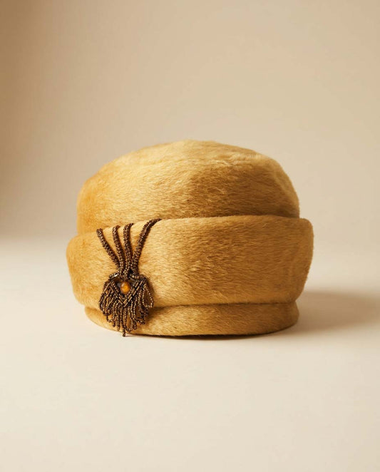 Vintage Camel Fur Pillbox Hat | 1960s Fur Felt Cloche Hat | Beaded Art Deco Accent | Mod Winter Millinery | Size 22
