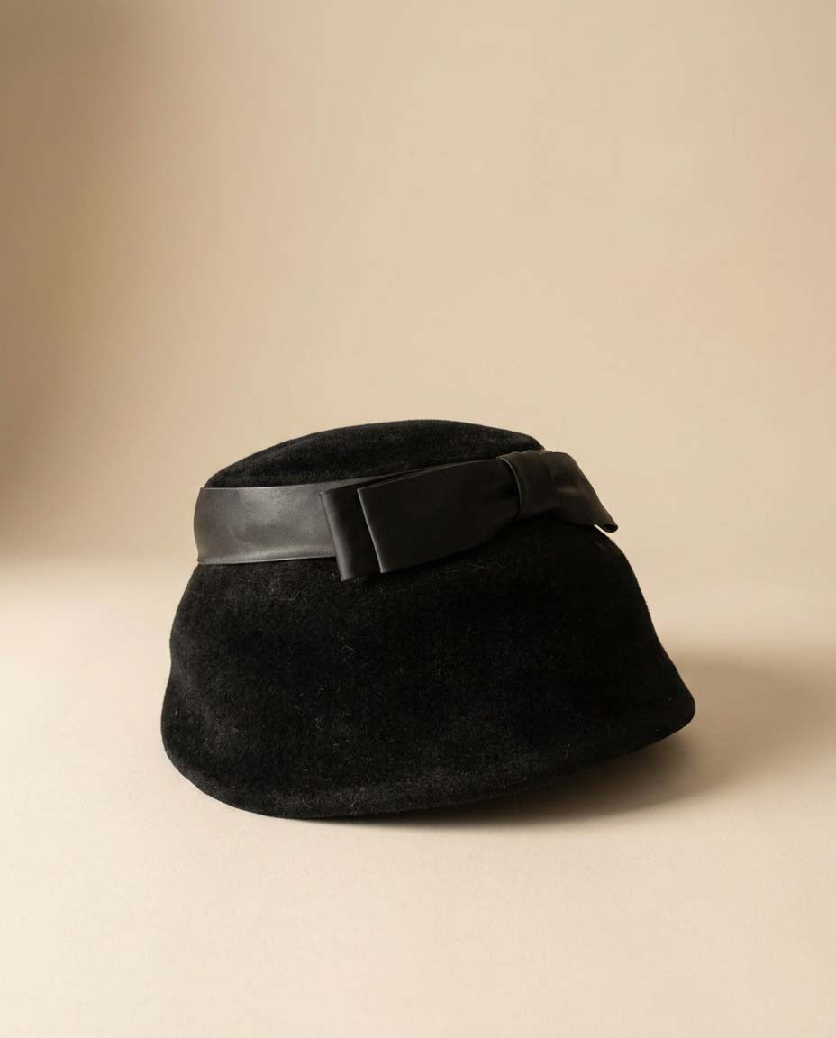 Vintage Black Wool Bucket Hat | Wilshire Italy Hat | 1960s Black Felt Hat |Audrey Hepburn Bucket Hat | Classic Ribbon Bow Hat