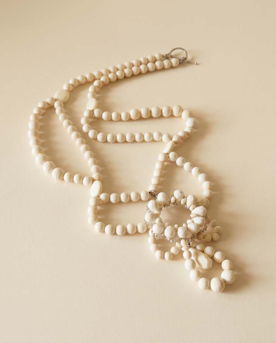 Vintage White Beaded Statement Necklace | Long Bead Necklace | Retro Costume Jewelry | Bridal Necklace
