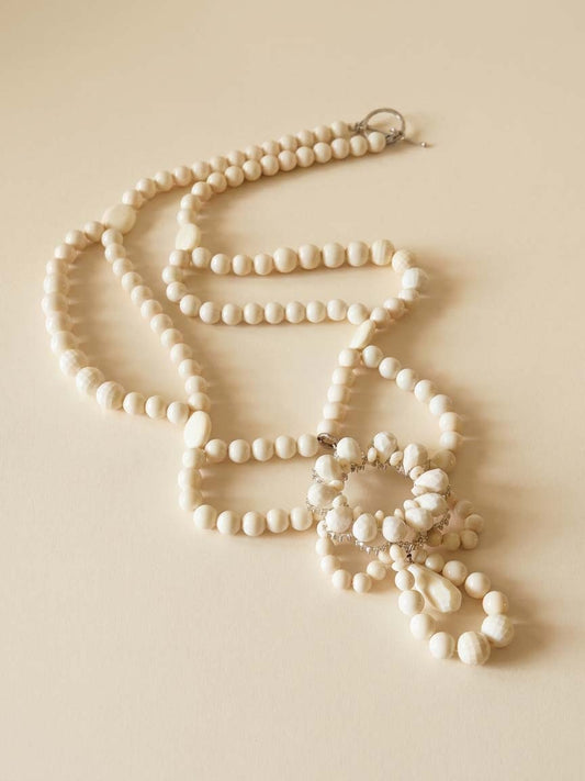 Vintage White Beaded Statement Necklace | Long Bead Necklace | Retro Costume Jewelry | Bridal Necklace