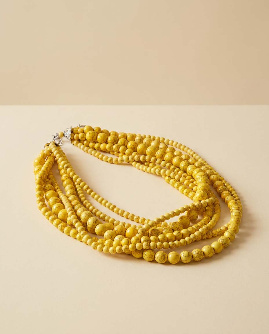 Vintage Yellow Beaded Multi Strand Necklace | Layered Faux Turquoise Statement Necklace | Boho Southwestern Jewelry | Bold 1980s Necklace