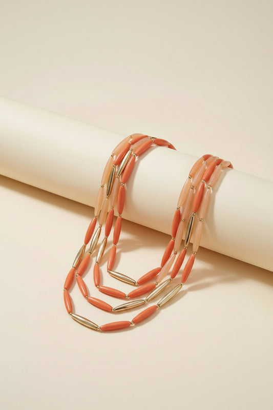 Vintage Peach Lucite Multi Strand Necklace | Mid Century Coral Pink Beaded Necklace | 1960s Statement Necklace | Layered Mod Jewelry