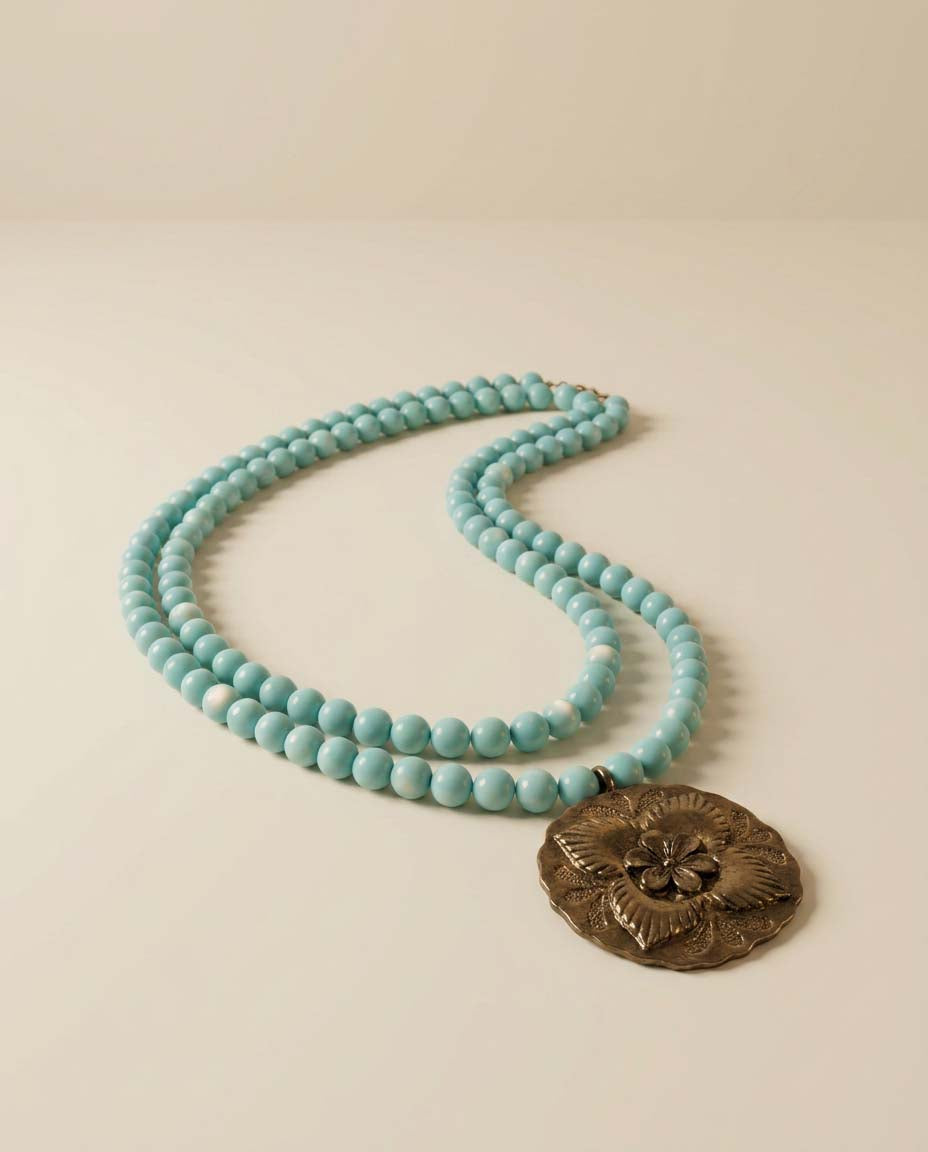 Vintage  Faux Turquoise Blue Beaded Necklace with Floral Medallion Pendant | Southwest Style Statement Necklace | Boho Western Jewelry