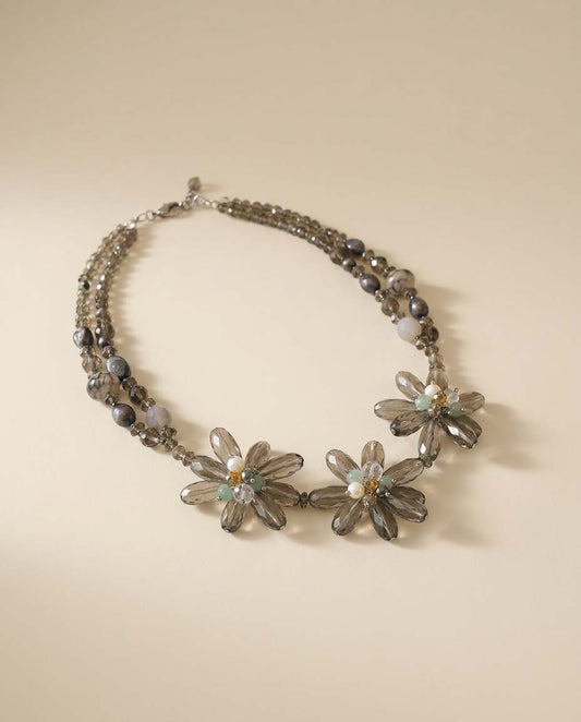 Vintage Y2K Floral Statement Necklace | Smoky Gray Crystal Flower Necklace | Beaded Daisy Necklace | Artisan Floral Jewelry | Cottagecore Statement Piece