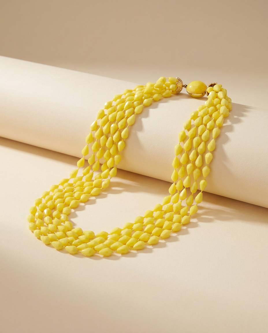 Vintage Lemon Yellow Multi Strand Beaded Necklace | 1960s Mod Statement Necklace | Retro Layered Lucite Jewelry