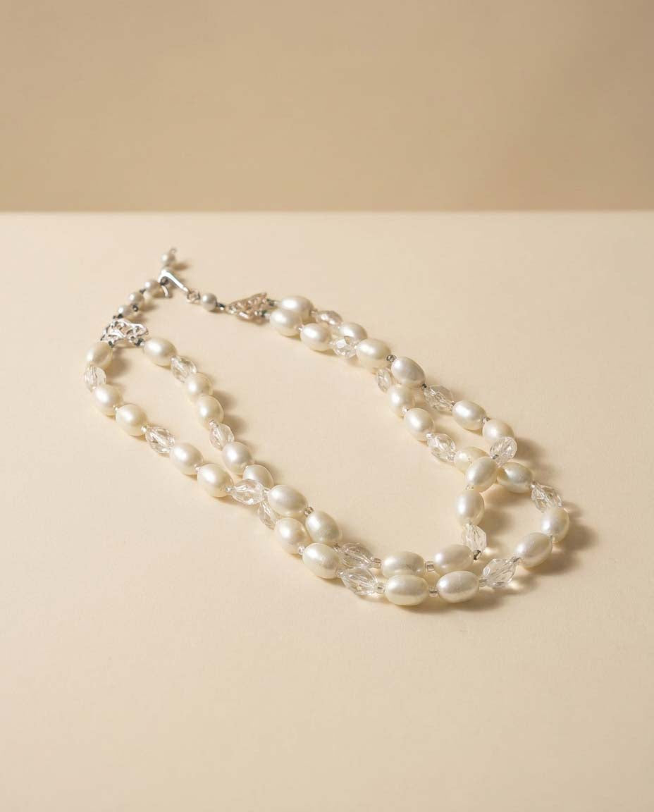 Vintage Double Strand Faux Pearl Necklace | Bridal Beaded Necklace | Mid Century Wedding Jewelry | White Pearl and Crystal Necklace