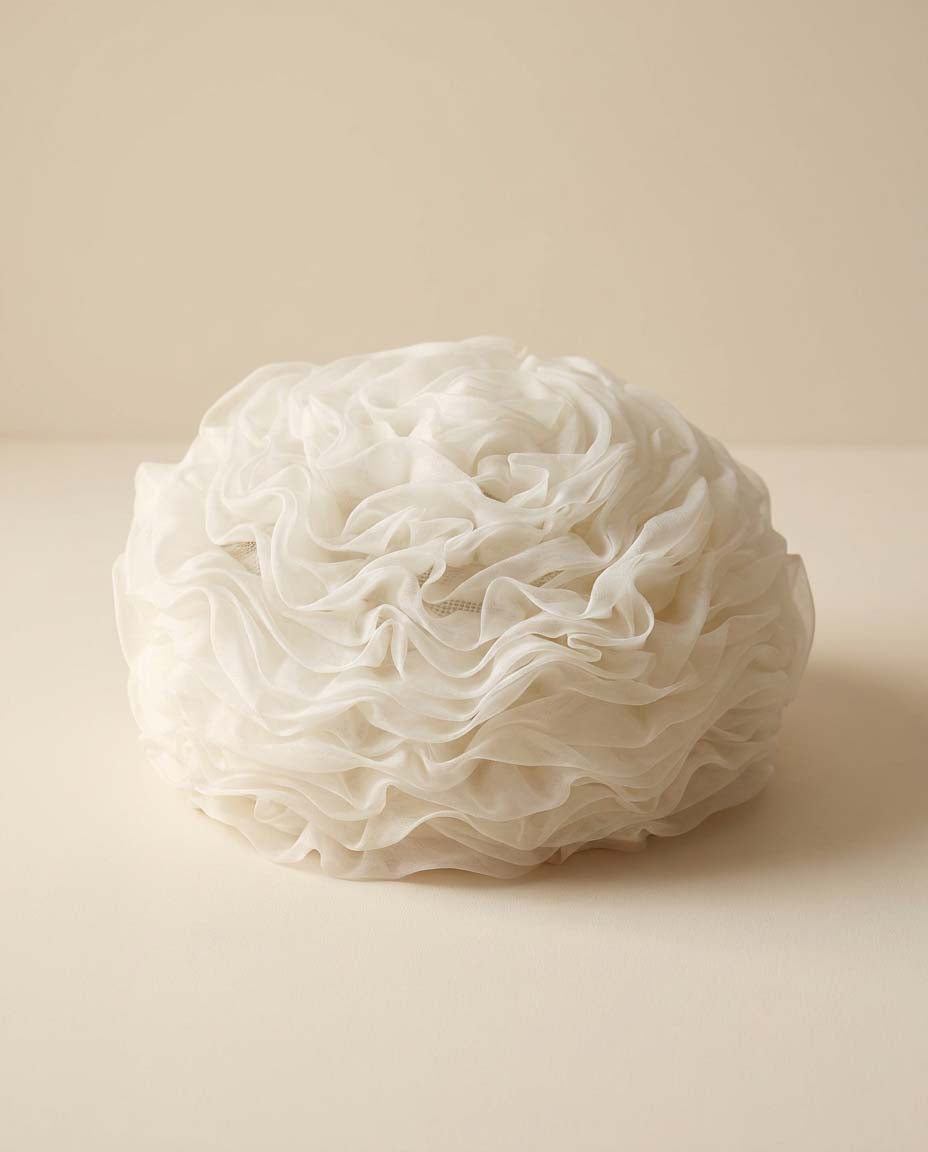Vintage White Organza Pillbox Hat | Bridal Cocktail Hat | Sculptural Ruffle Hat | Avant Garde Wedding Fascinator | Eastern Yokohama Millinery