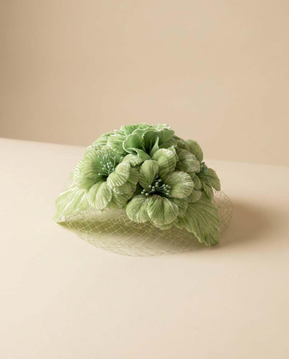Vintage Mint Green Floral Fascinator | 1960s Flower Hat with Veil | Pastel Cocktail Hat | Spring Garden Party Hat | Union Made Millinery