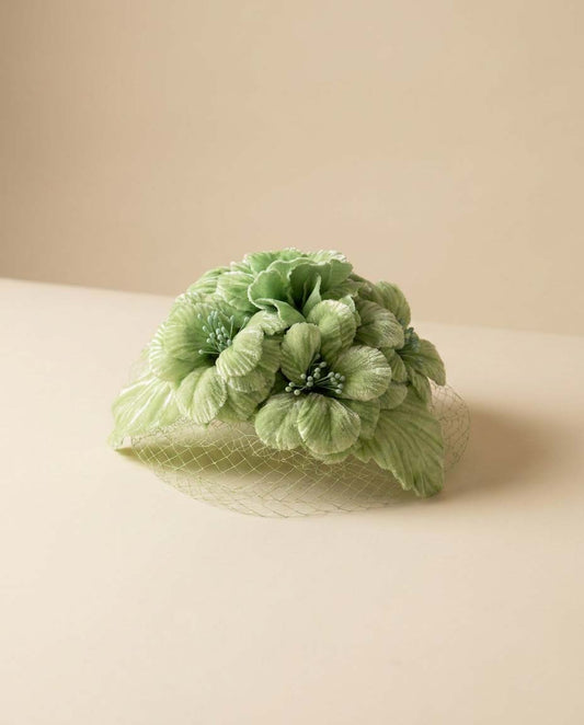 Vintage Mint Green Floral Fascinator | 1960s Flower Hat with Veil | Pastel Cocktail Hat | Spring Garden Party Hat | Union Made Millinery