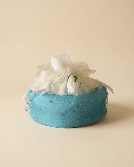 Vintage Mr. Joel Aqua Blue Pillbox Hat | 1960s Floral Cocktail Hat | White Flower Fascinator | Veiled Wedding Hat | Something Blue Bridal Accessory
