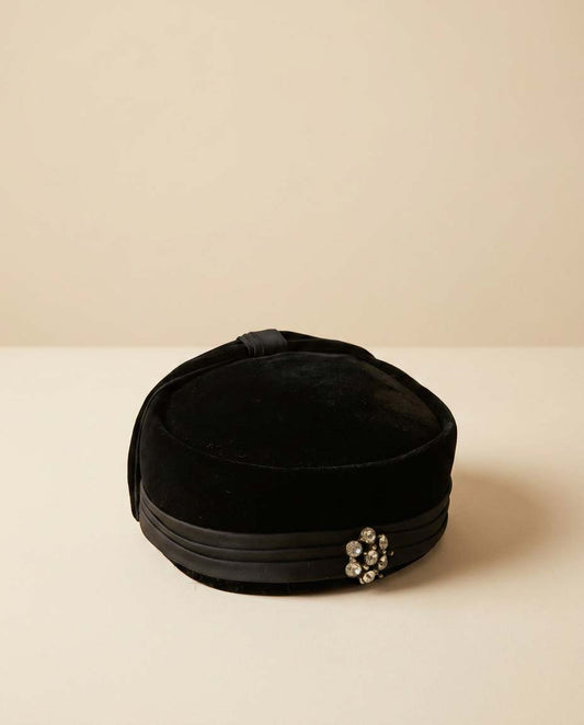 Vintage Black Velvet Pillbox Hat with Rhinestone Brooch | 1960s Cocktail Hat | Style-Kraft Dallas Millinery | Elegant Evening Fascinator