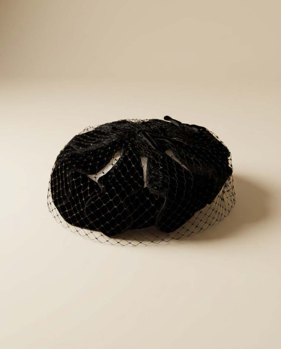 Vintage Black Velvet Veiled Cocktail Hat | 1950s Velvet Fascinator | Mid Century Tilt Hat | Old Hollywood Evening Headpiece
