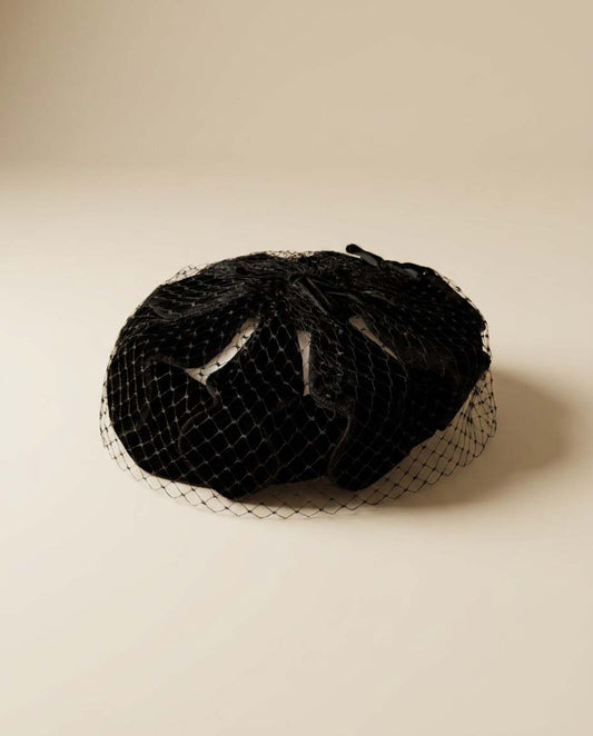 Vintage Black Velvet Veiled Cocktail Hat | 1950s Velvet Fascinator | Mid Century Tilt Hat | Old Hollywood Evening Headpiece