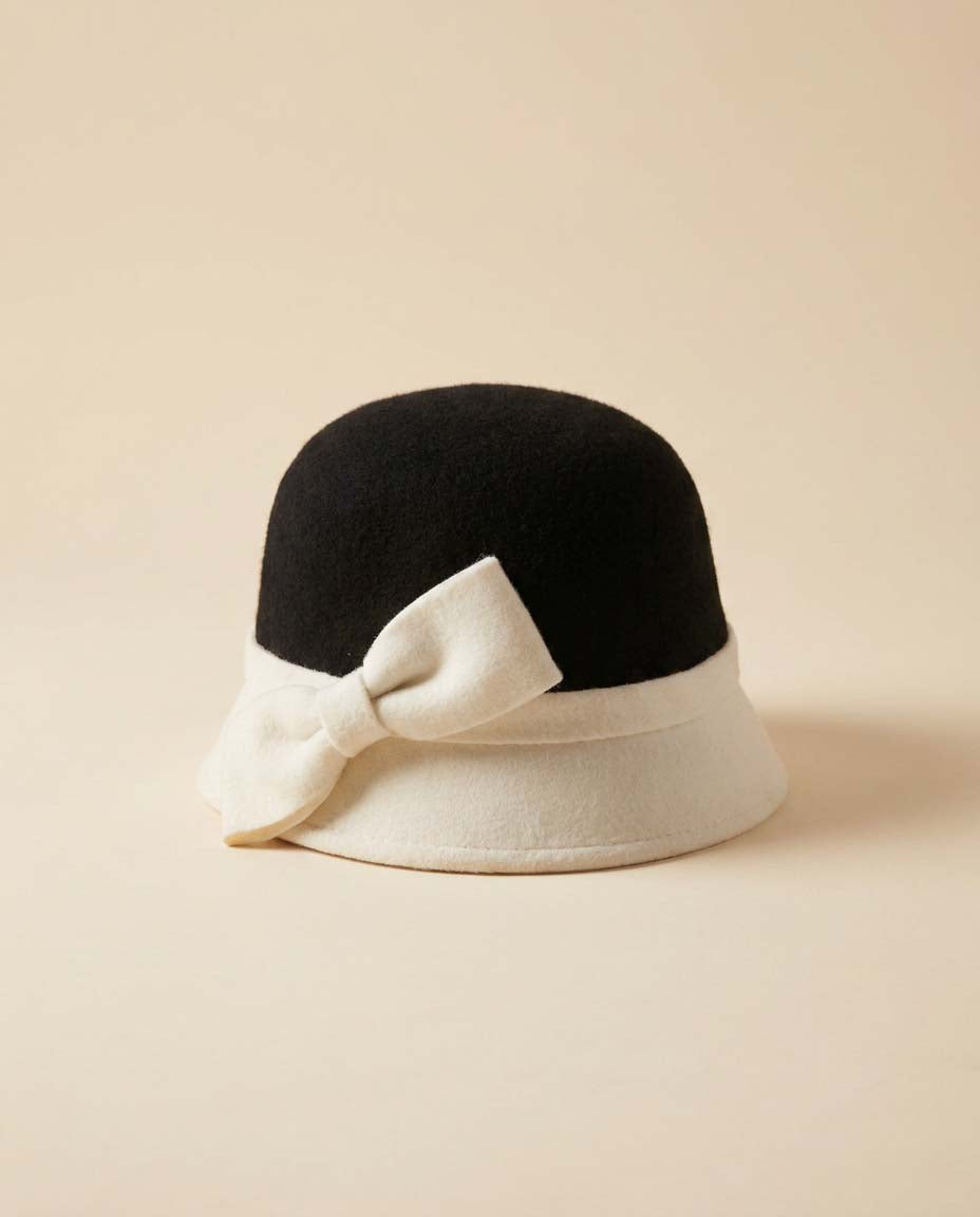 Vintage Black and White Cloche Hat | Mod Wool Felt Hat | 1960s Style Bow Hat | Winter Church Hat | Retro Bucket Hat
